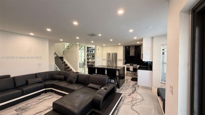 Interior, Kitchen, Living room, Marble, Recessed Lighting, Stainless Steel Appliances
