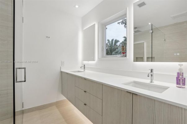 Bathroom, Dual Sink Vanities, Glass Shower, Interior, Recessed Lighting
