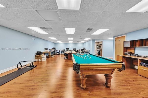 Billiard Table, Fitness Equipment, Game Room, Interior, Recessed Lighting, Wood Texture Flooring