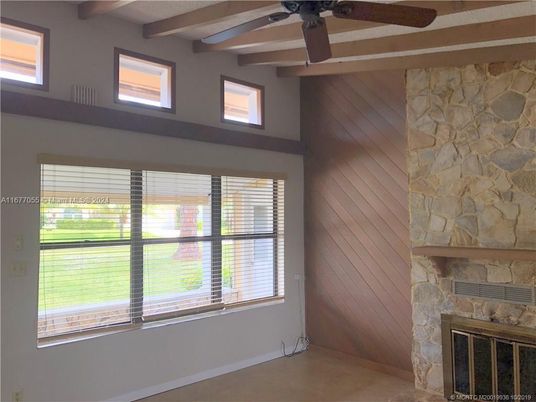Empty room, Fireplace, Interior, Stone Walls, Wooden Beams