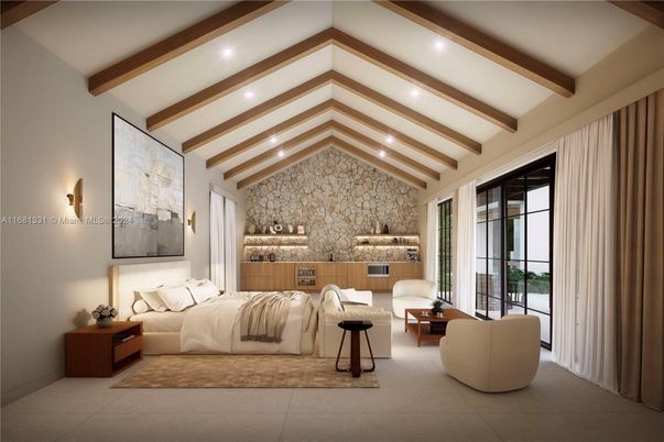 Bedroom, Interior, Living room, Recessed Lighting, Stone Walls, Wooden Beams