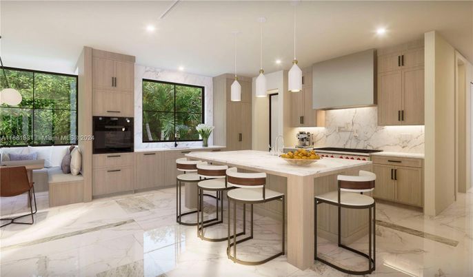 Interior, Kitchen, Marble, Marble Walls, Pendant Lights, Recessed Lighting