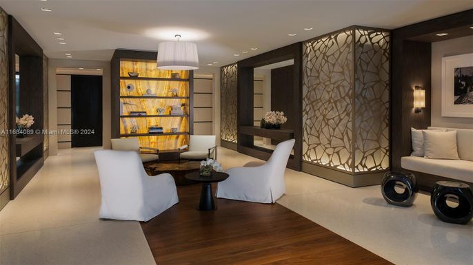 Interior, Living room, Recessed Lighting, Stone Walls, Wood Texture Flooring