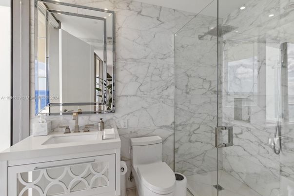 Bathroom, Glass Shower, Interior, Marble Walls, Recessed Lighting