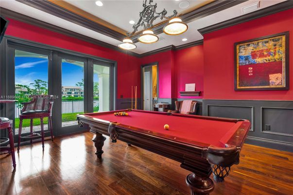Billiard Table, Game Room, Interior, Pendant Lights, Recessed Lighting, Wood Texture Flooring