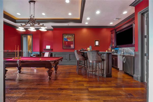 Billiard Table, Chandelier, Game Room, Interior, Pendant Lights, Recessed Lighting, Wood Texture Flooring