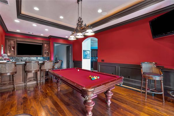 Billiard Table, Chandelier, Game Room, Interior, Pendant Lights, Recessed Lighting, Wood Texture Flooring