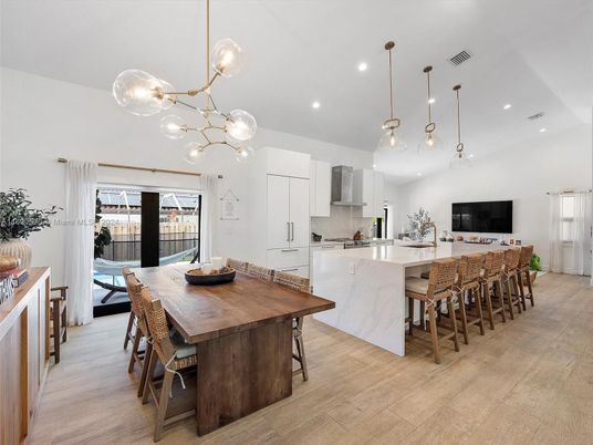 Dining room, Interior, Kitchen, Pendant Lights, Recessed Lighting, Stainless Steel Appliances, Wood Texture Flooring