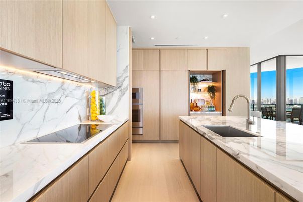 Interior, Kitchen, Marble Walls, Recessed Lighting, Wood Texture Flooring