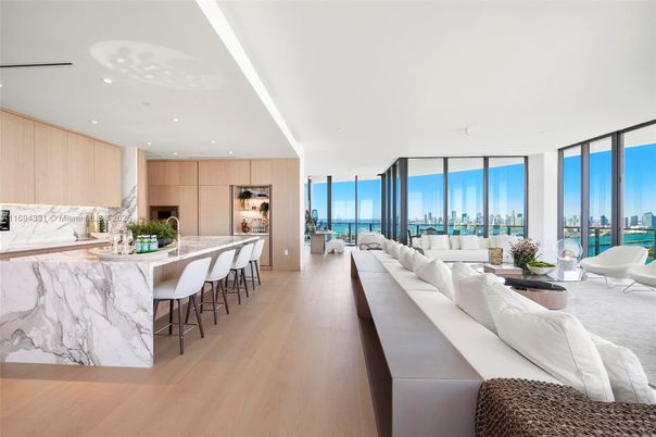 Interior, Kitchen, Living room, Marble Walls, Recessed Lighting, Water, Wood Texture Flooring