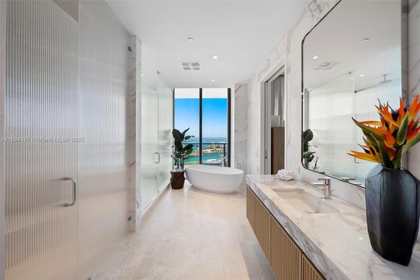 Bathroom, Dual Sink Vanities, Free Standing Baths, Interior, Marble Walls, Recessed Lighting