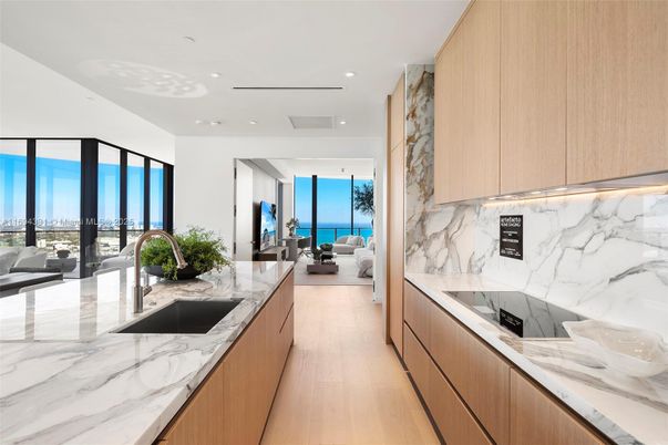 Interior, Kitchen, Marble Walls, Recessed Lighting, Wood Texture Flooring