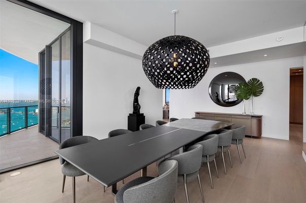 Dining room, Interior, Pendant Lights, Recessed Lighting, Water, Wood Texture Flooring