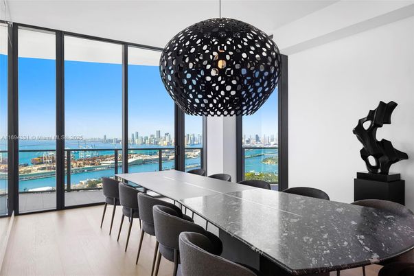 Dining room, Interior, Pendant Lights, Water, Wood Texture Flooring