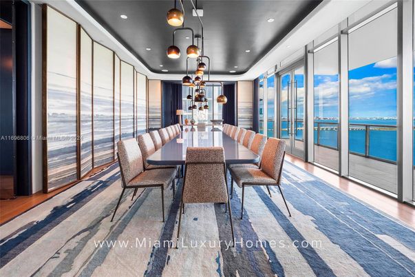 Dining room, Interior, Pendant Lights, Recessed Lighting, Water, Wood Texture Flooring