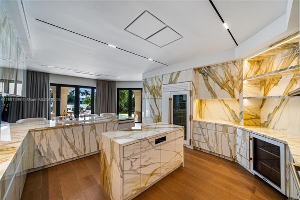 Interior, Kitchen, Marble Walls, Recessed Lighting, Wood Texture Flooring