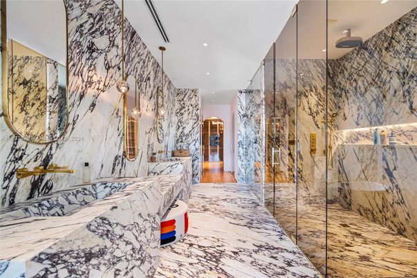 Bathroom, Glass Shower, Interior, Marble, Marble Walls, Recessed Lighting