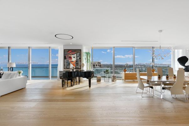 Dining room, Interior, Pendant Lights, Piano, Water, Wood Texture Flooring