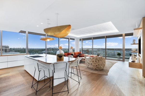 Dining room, Interior, Living room, Pendant Lights, Recessed Lighting, Water, Wood Texture Flooring