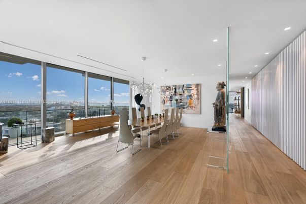 Dining room, Interior, Pendant Lights, Recessed Lighting, Wood Texture Flooring