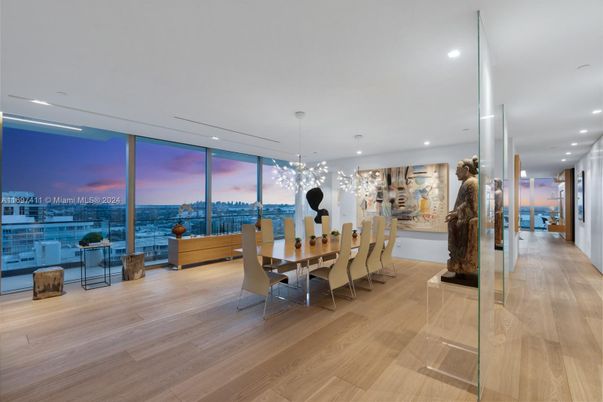 Dining room, Interior, Pendant Lights, Recessed Lighting, Wood Texture Flooring