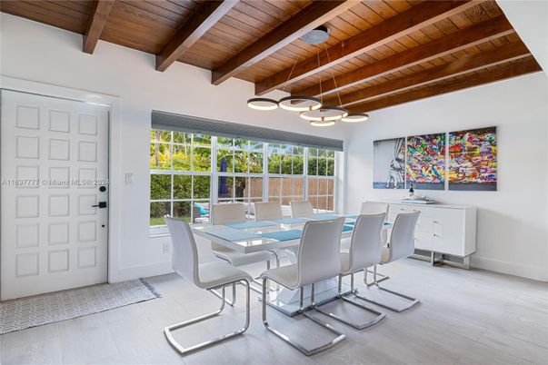Dining room, Interior, Pendant Lights, Wooden Beams, Wooden Ceilings, Wood Texture Flooring
