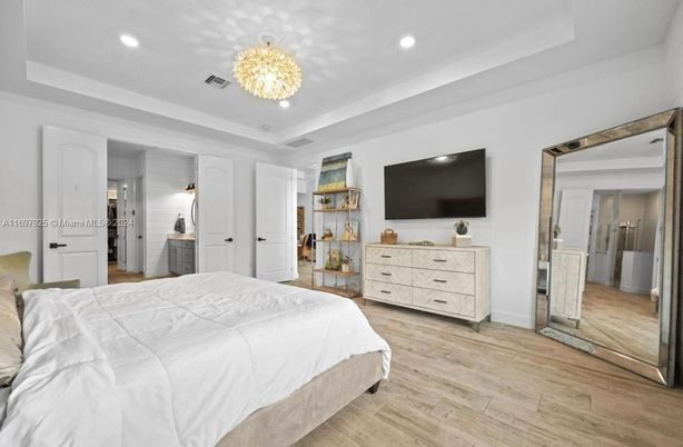 Bedroom, Chandelier, Interior, Recessed Lighting, Wood Texture Flooring
