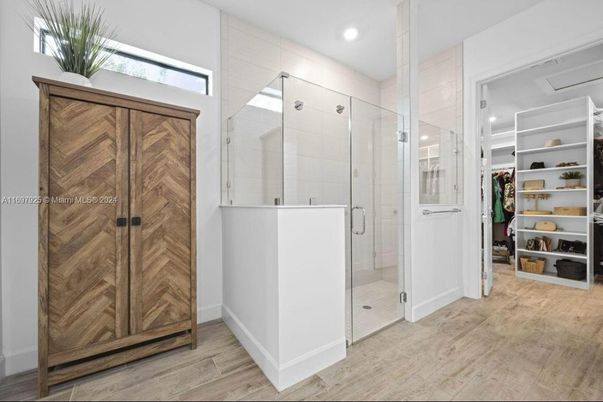Bathroom, Glass Shower, Interior, Recessed Lighting, Wood Texture Flooring