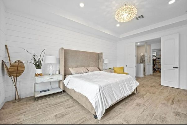 Bedroom, Chandelier, Interior, Pendant Lights, Recessed Lighting, Wood Texture Flooring