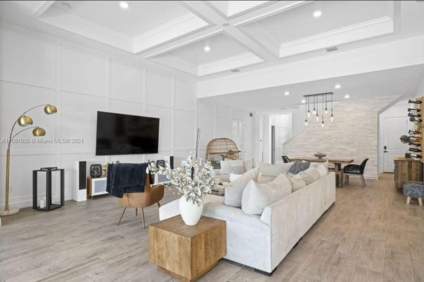 Dining room, Interior, Kitchen, Living room, Pendant Lights, Recessed Lighting, Stone Walls, Wood Texture Flooring