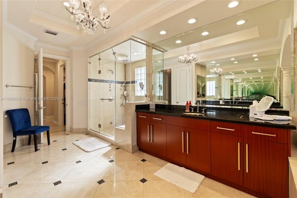 Bathroom, Chandelier, Glass Shower, Interior, Recessed Lighting