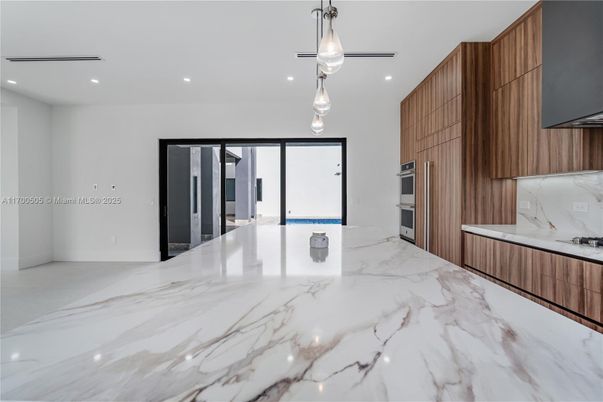 Interior, Kitchen, Marble, Pendant Lights, Recessed Lighting, Stainless Steel Appliances