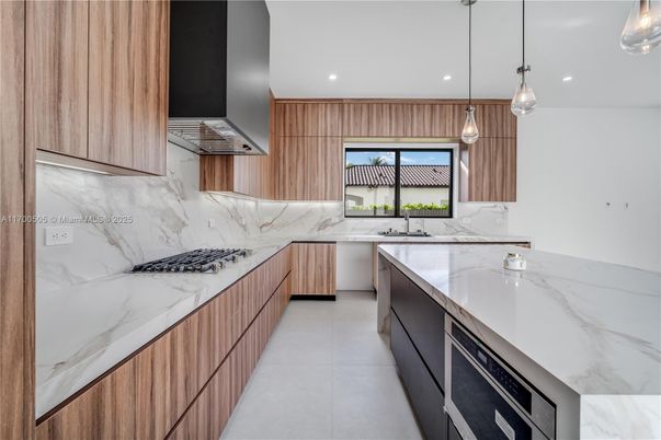 Interior, Kitchen, Marble Walls, Pendant Lights, Recessed Lighting