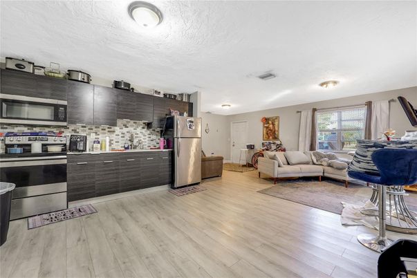 Interior, Kitchen, Living room, Stainless Steel Appliances, Wood Texture Flooring