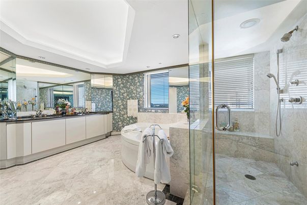 Bathroom, Glass Shower, Interior, Recessed Lighting