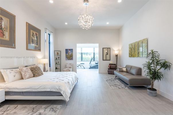 Bedroom, Chandelier, Interior, Recessed Lighting, Wood Texture Flooring
