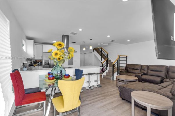 Dining room, Interior, Kitchen, Living room, Pendant Lights, Recessed Lighting, Wood Texture Flooring