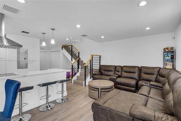 Interior, Living room, Pendant Lights, Recessed Lighting, Wood Texture Flooring