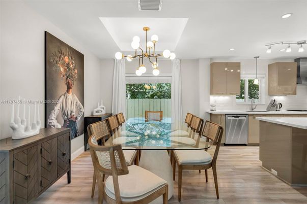 Dining room, Interior, Kitchen, Pendant Lights, Recessed Lighting, Stainless Steel Appliances, Wood Texture Flooring