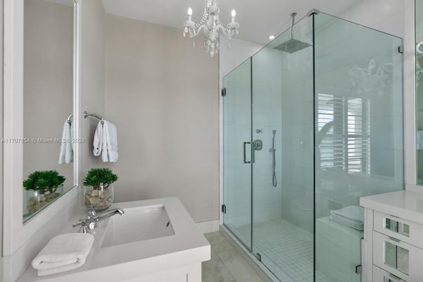 Bathroom, Chandelier, Glass Shower, Interior, Recessed Lighting