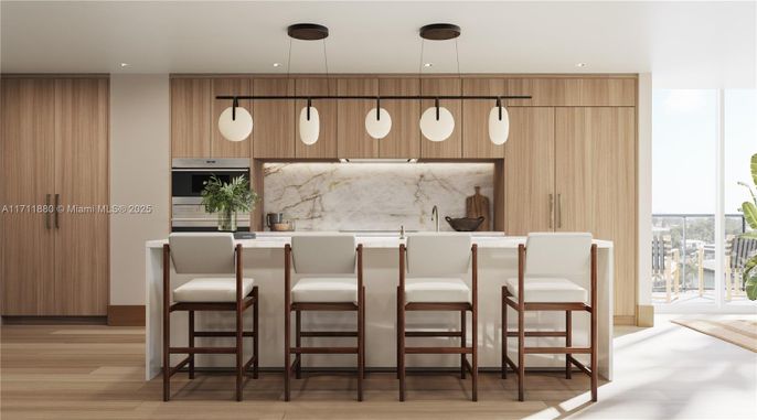 Interior, Kitchen, Marble Walls, Pendant Lights, Recessed Lighting, Wood Texture Flooring