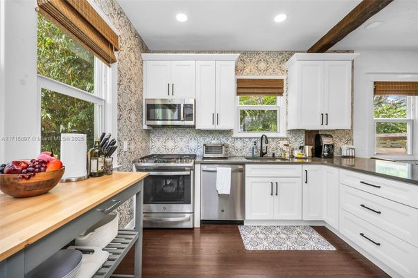 Interior, Kitchen, Recessed Lighting, Stainless Steel Appliances, Wood Texture Flooring