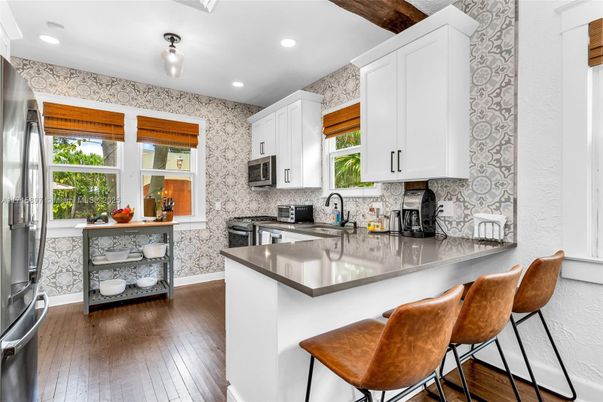 Interior, Kitchen, Recessed Lighting, Stainless Steel Appliances, Wood Texture Flooring