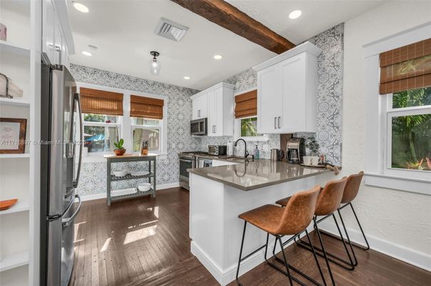 Interior, Kitchen, Recessed Lighting, Stainless Steel Appliances, Wooden Beams, Wood Texture Flooring