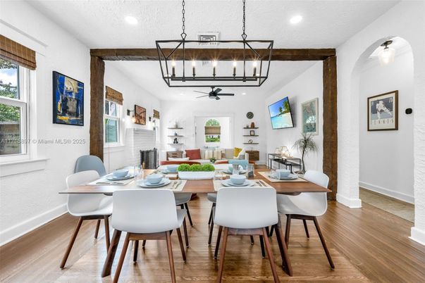 Dining room, Fireplace, Interior, Living room, Pendant Lights, Recessed Lighting, Wood Texture Flooring