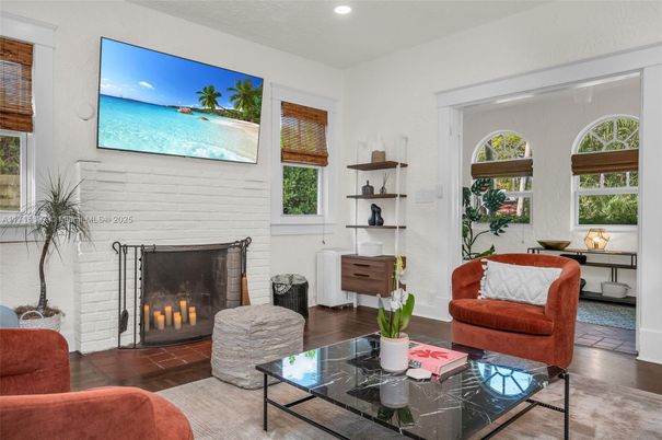 Fireplace, Interior, Living room, Recessed Lighting, Wood Texture Flooring