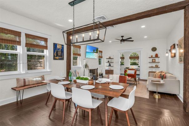 Dining room, Fireplace, Interior, Living room, Pendant Lights, Recessed Lighting, Wooden Beams, Wood Texture Flooring