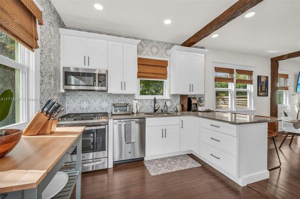Interior, Kitchen, Recessed Lighting, Stainless Steel Appliances, Wooden Beams, Wood Texture Flooring