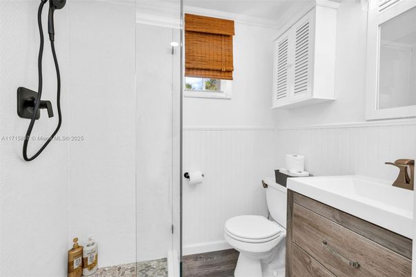 Bathroom, Glass Shower, Interior, Wood Texture Flooring