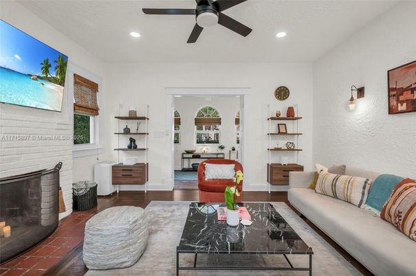 Fireplace, Interior, Living room, Recessed Lighting, Wood Texture Flooring